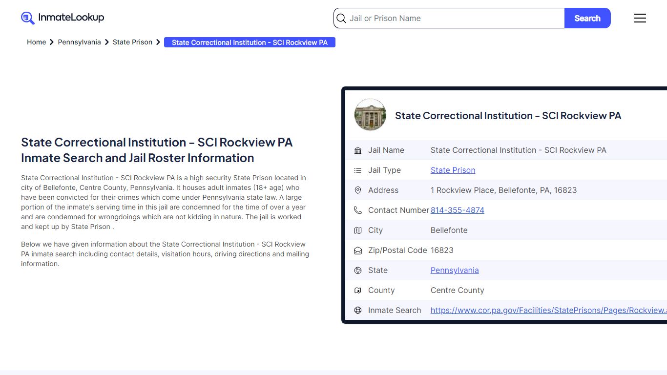 State Correctional Institution - SCI Rockview PA Inmate Search, Jail ...